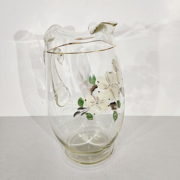 Vtg Art Glass Pitcher Hand Painted Floral Flowers White Brown MCM 9in - Picture 5 of 12